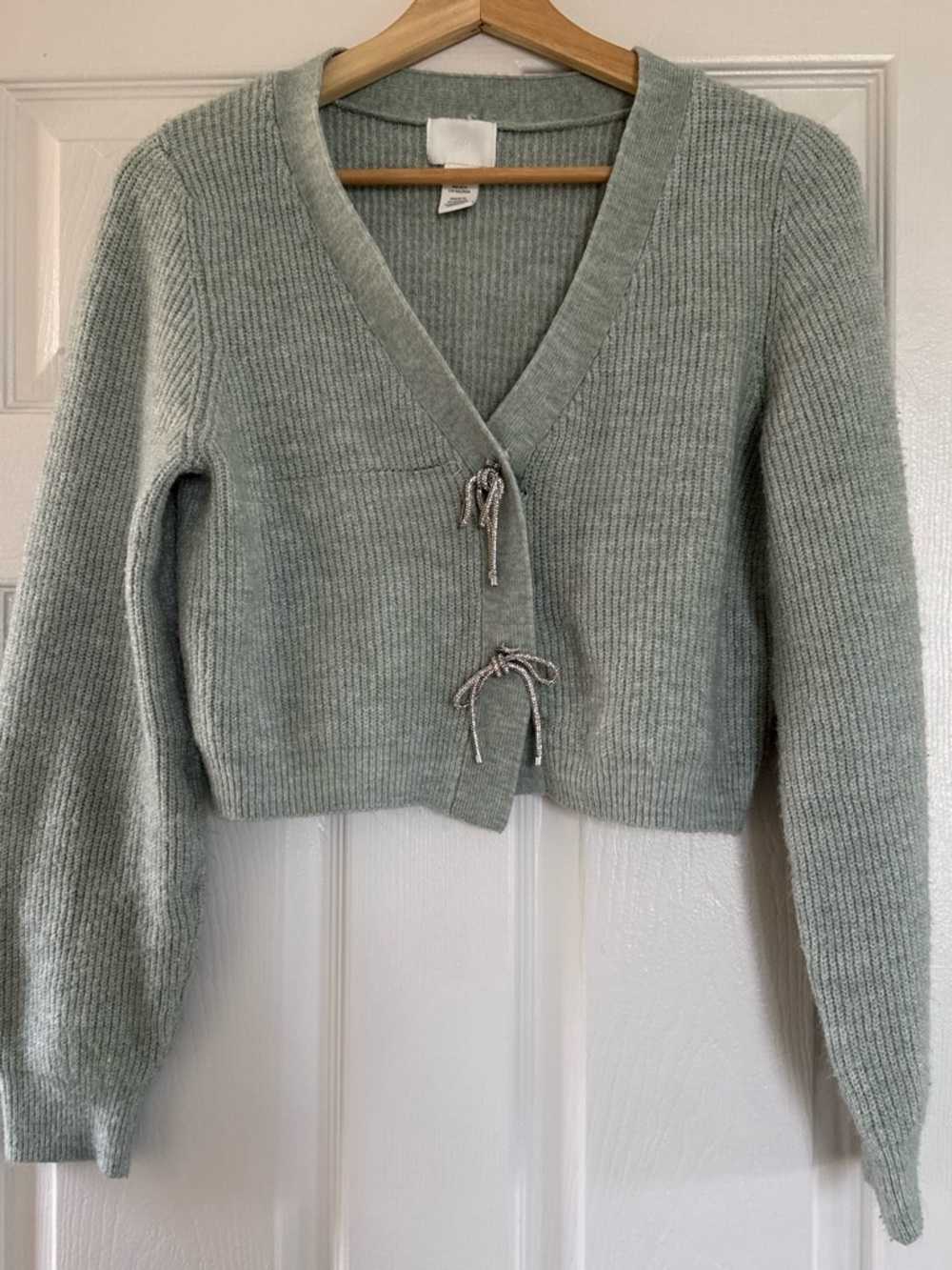 H&M Sage Green Cropped V-Neck Tie-Front Cardigan